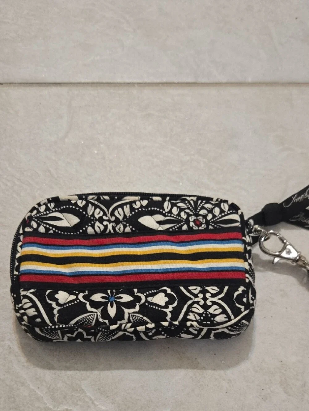 Vera Bradley Black Floral Wristlet with Multicolor Stripe Accent